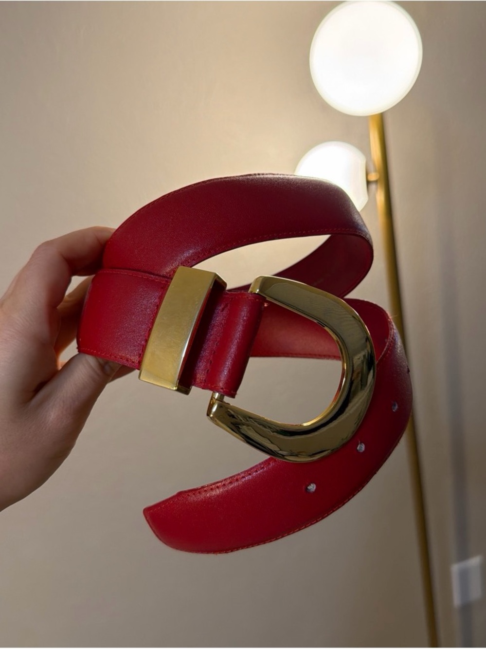 Red Leather Belt with Gold Buckle